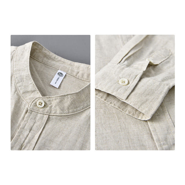 Buddha Stones Herren Langarm Stehkragen mit Tasche Reine Farbe Lässiges Baumwollleinenhemd - image 4