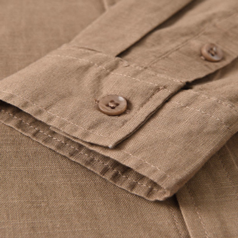 Buddha Stones Herren Langarm Stehkragen mit Tasche Reine Farbe Lässiges Baumwollleinenhemd - image 24