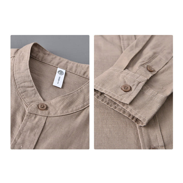 Buddha Stones Herren Langarm Stehkragen mit Tasche Reine Farbe Lässiges Baumwollleinenhemd - image 33