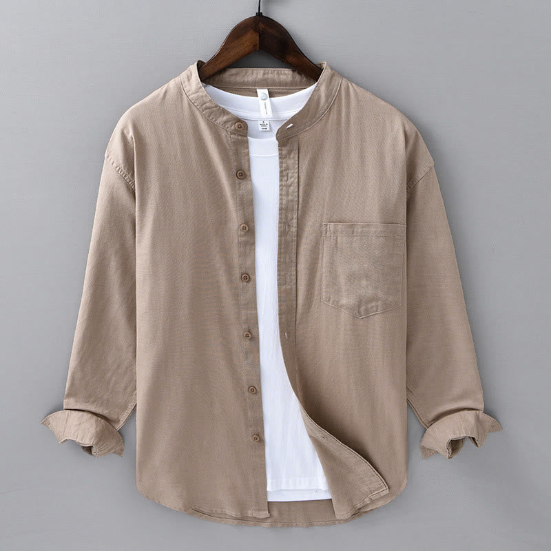 Buddha Stones Herren Langarm Stehkragen mit Tasche Reine Farbe Lässiges Baumwollleinenhemd - BurlyWood - US/ UK/AU40,EU50 (3XL) - image 30