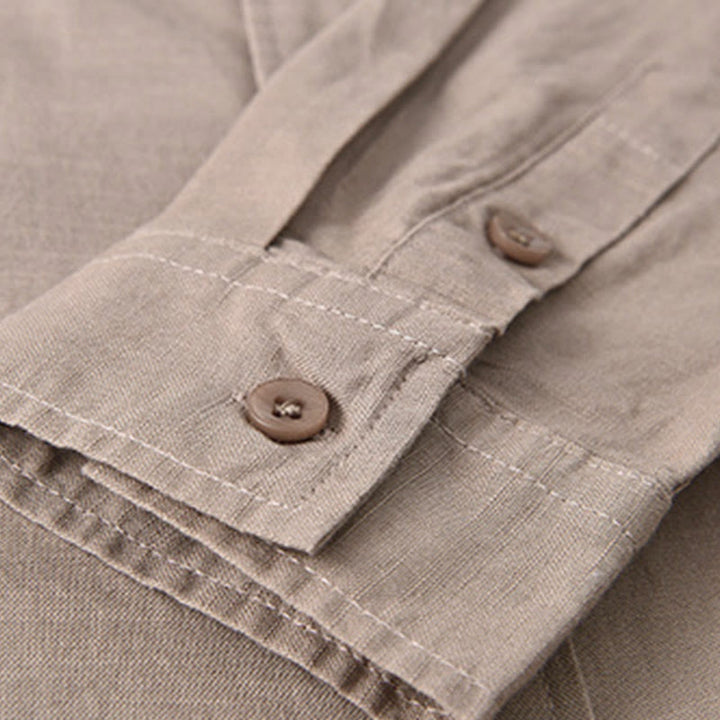 Buddha Stones Herren Langarm Stehkragen mit Tasche Reine Farbe Lässiges Baumwollleinenhemd - image 32