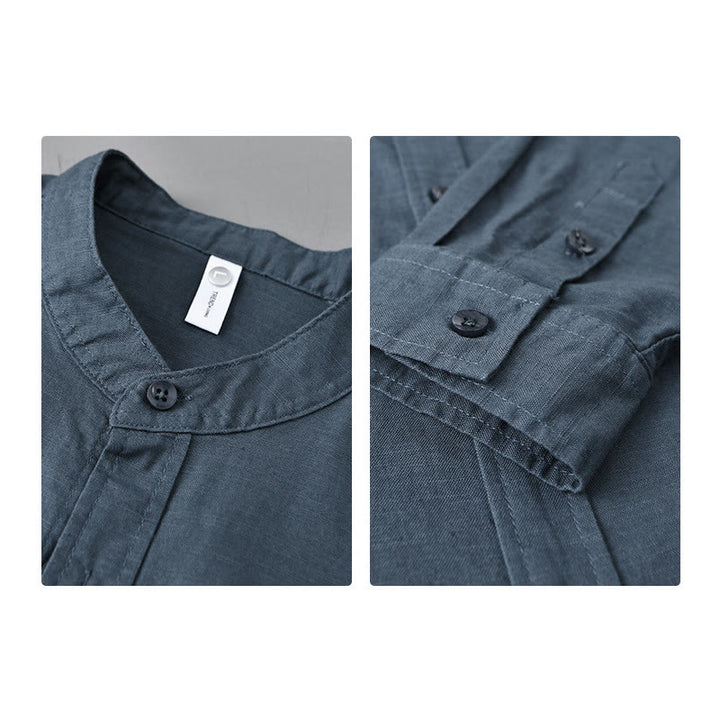 Buddha Stones Herren Langarm Stehkragen mit Tasche Reine Farbe Lässiges Baumwollleinenhemd - image 29