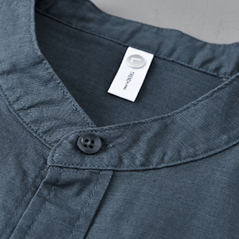 Buddha Stones Herren Langarm Stehkragen mit Tasche Reine Farbe Lässiges Baumwollleinenhemd - image 27