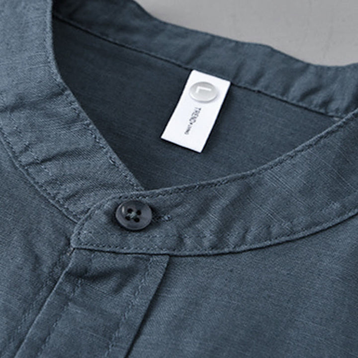 Buddha Stones Herren Langarm Stehkragen mit Tasche Reine Farbe Lässiges Baumwollleinenhemd - image 27