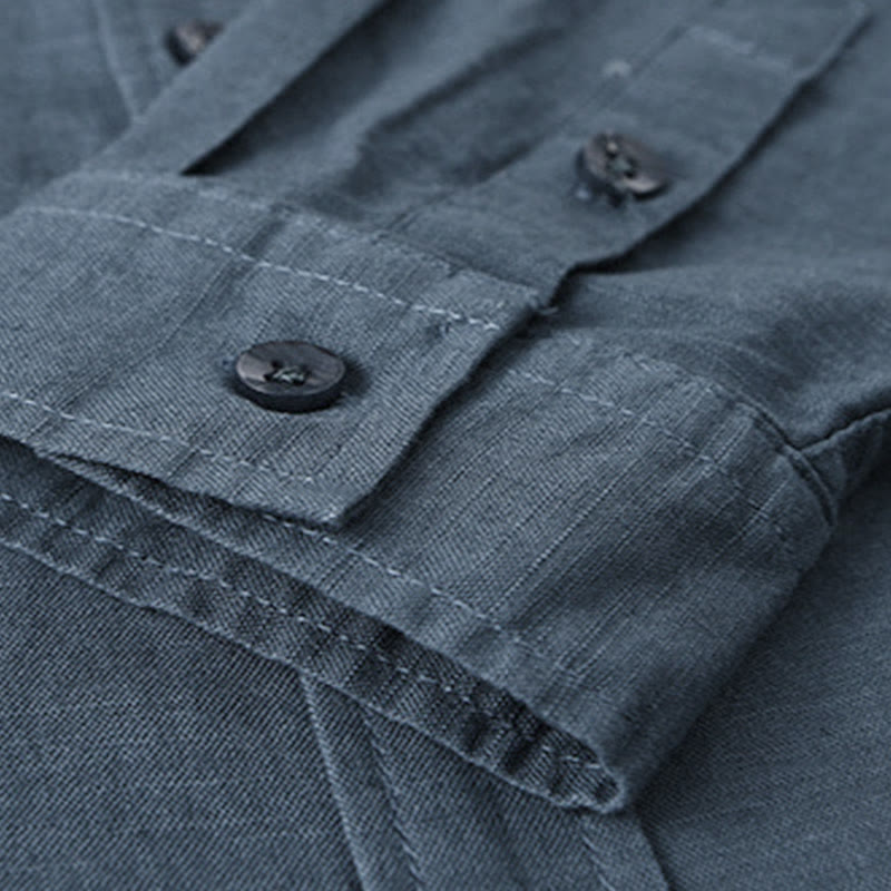 Buddha Stones Herren Langarm Stehkragen mit Tasche Reine Farbe Lässiges Baumwollleinenhemd - image 28