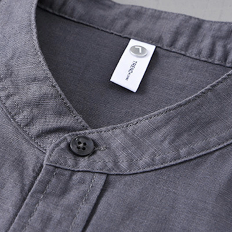 Buddha Stones Herren Langarm Stehkragen mit Tasche Reine Farbe Lässiges Baumwollleinenhemd - image 35