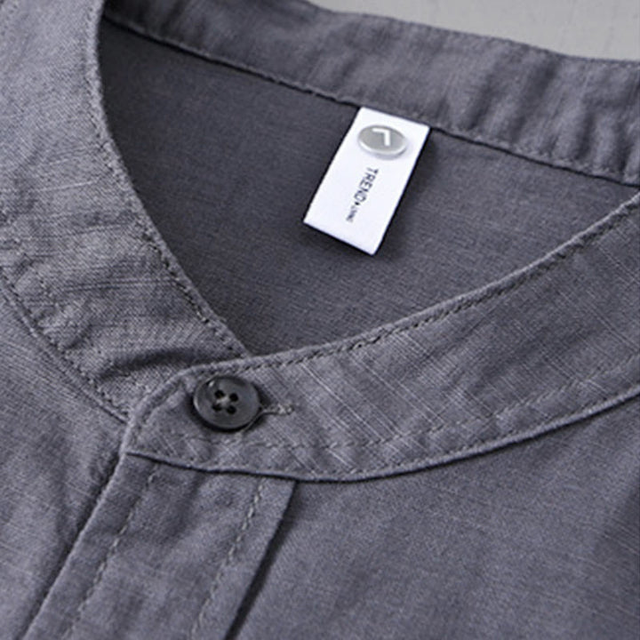 Buddha Stones Herren Langarm Stehkragen mit Tasche Reine Farbe Lässiges Baumwollleinenhemd - image 35