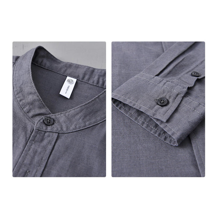 Buddha Stones Herren Langarm Stehkragen mit Tasche Reine Farbe Lässiges Baumwollleinenhemd - image 36