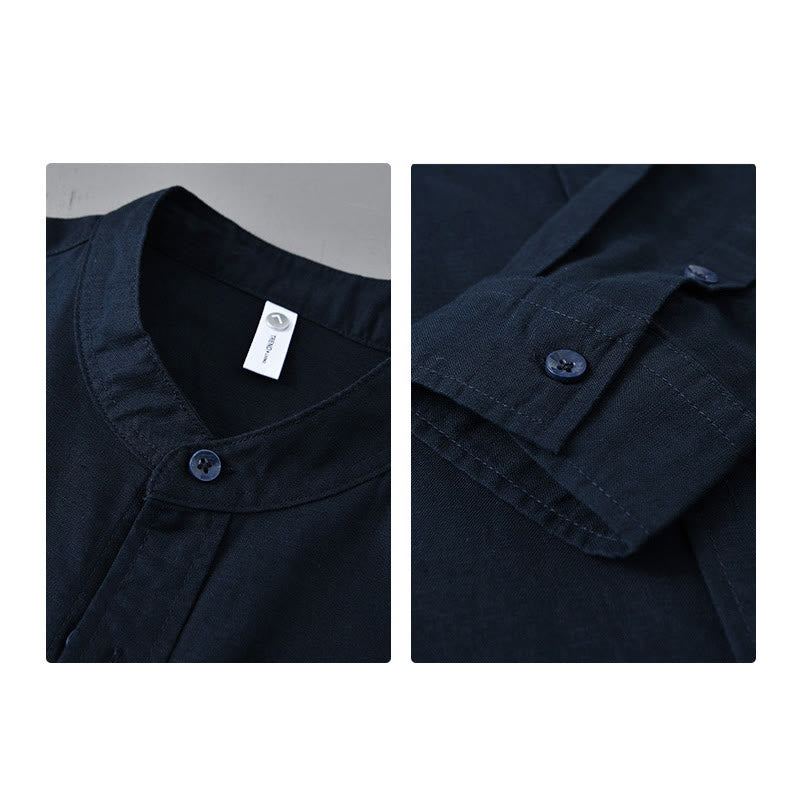 Buddha Stones Herren Langarm Stehkragen mit Tasche Reine Farbe Lässiges Baumwollleinenhemd - image 39