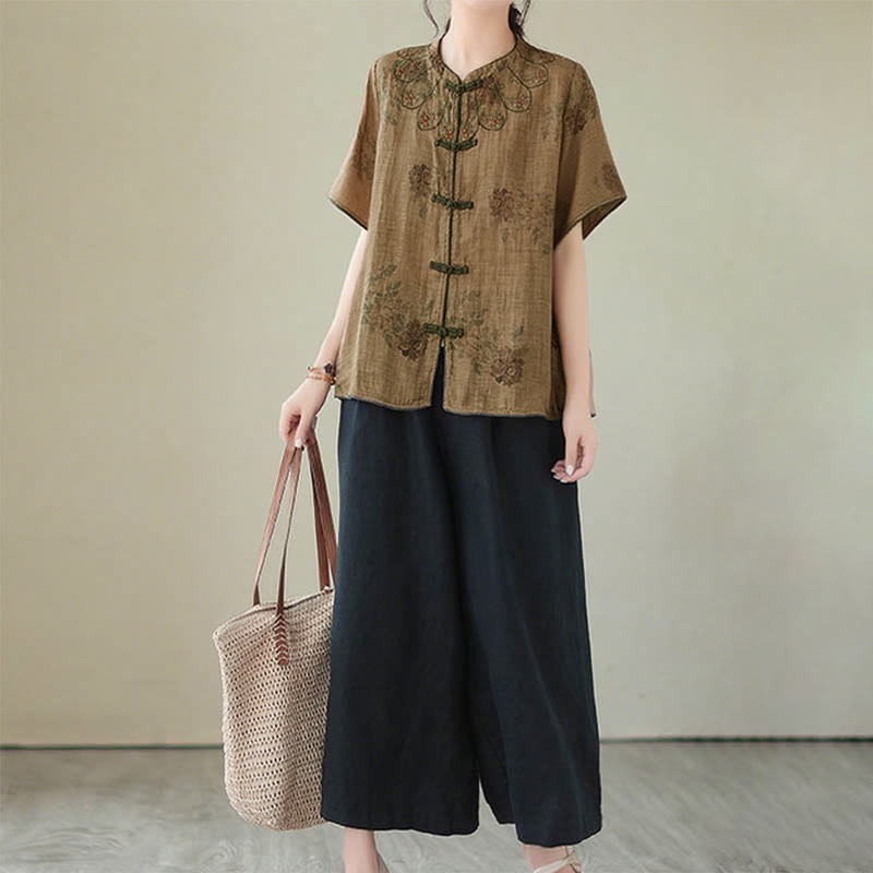 Buddha Stones Lila Blumendruck Frosch-Knopf-Design Shirt - image 12