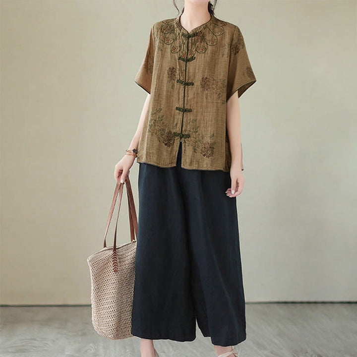 Buddha Stones Lila Blumendruck Frosch-Knopf-Design Shirt - image 12