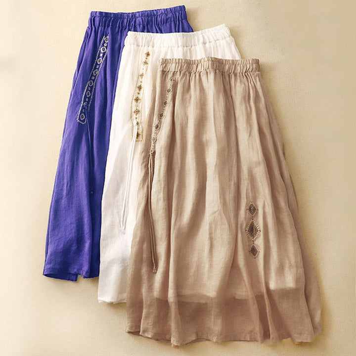 Buddha Stones, ethnisches Vintage-Stickerei-Knopf-Design, Damen-Baumwoll-Leinen-Rock in 7–8 Länge - image 18