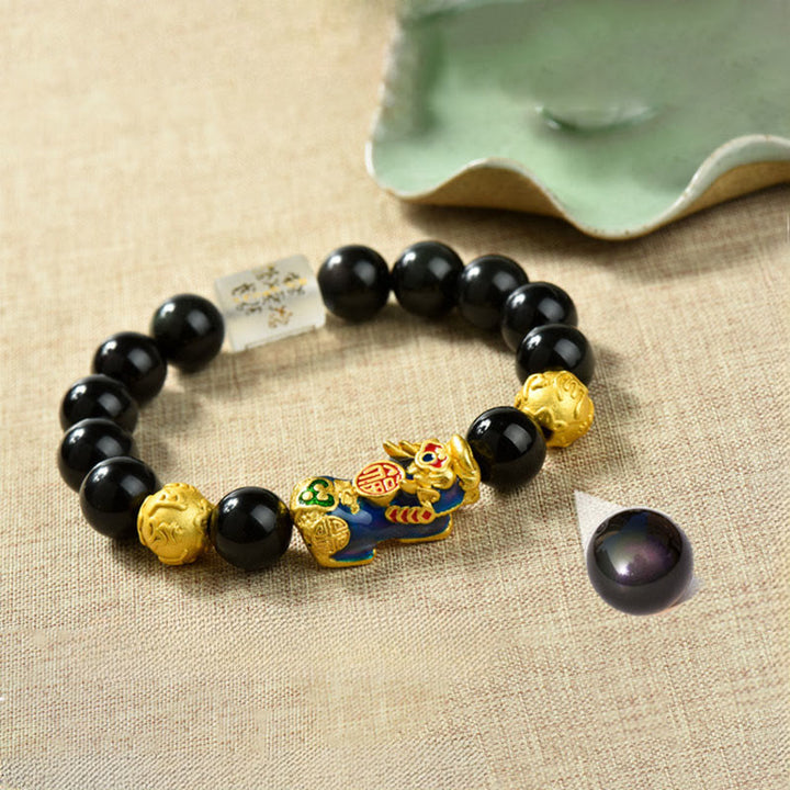 Buddha Stones , Fengshui, Kupfer, Pixiu, Regenbogen-Obsidian-Perlen, Reichtum-Armband - Om Mani Padme Hum & Fu Charakter & Farbwechselndes Pixiu (Handgelenkumfang: 18–19 cm) - image 1