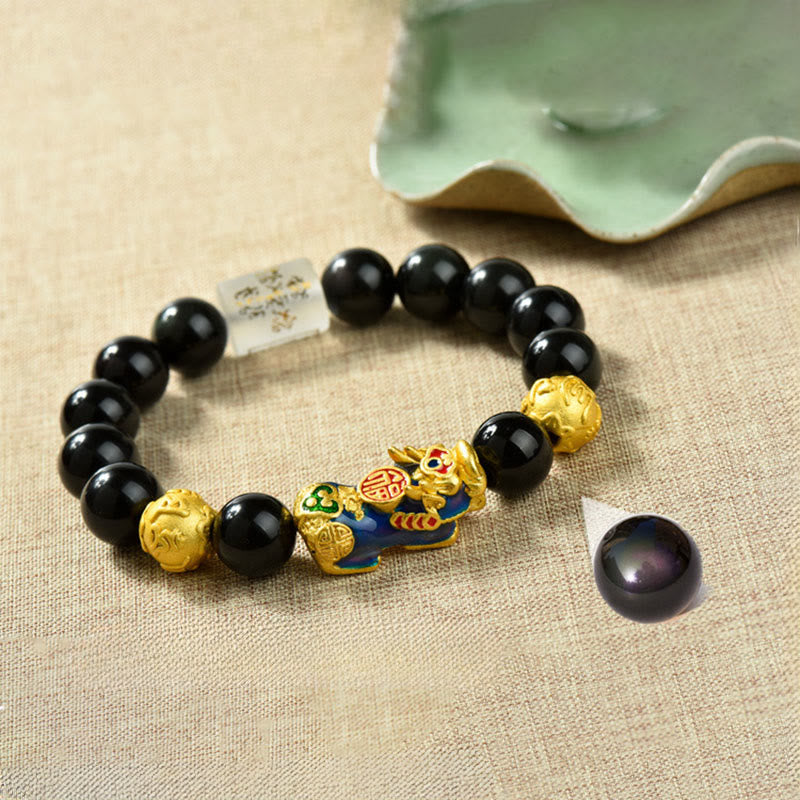 Buddha Stones , Fengshui, Kupfer, Pixiu, Regenbogen-Obsidian-Perlen, Reichtum-Armband - Om Mani Padme Hum & Fu Charakter & Farbwechselndes Pixiu (Handgelenkumfang: 18–19 cm) - image 1