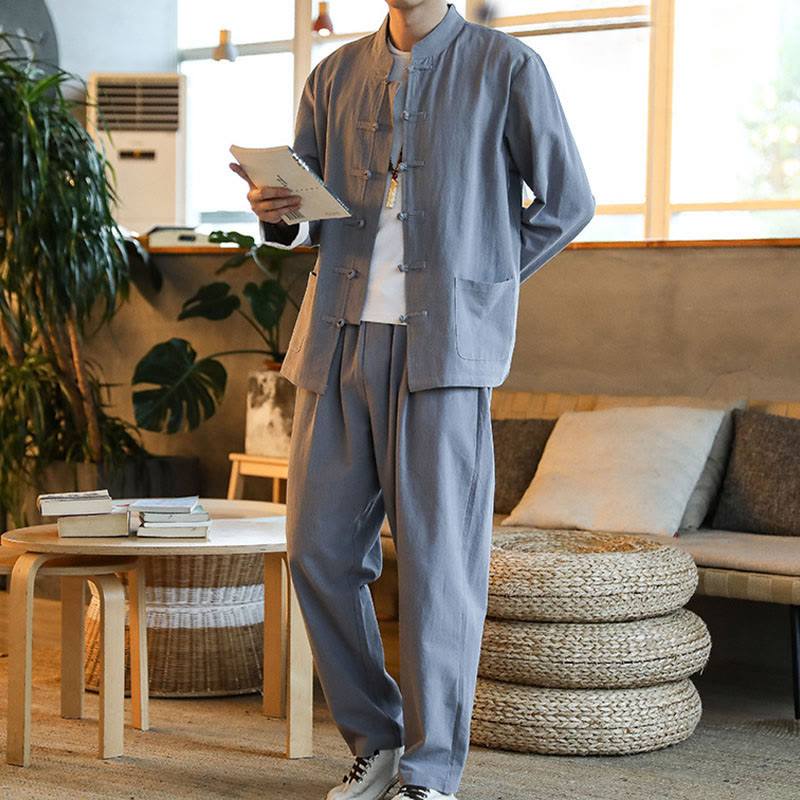 Buddha Stones 2-teiliger Zen-Tang-Anzug für Herren mit Froschknöpfen, langärmeligem Hemd und Hose, mit Taschen - image 2