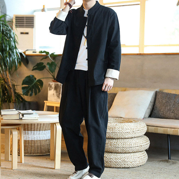 Buddha Stones 2-teiliger Zen-Tang-Anzug für Herren mit Froschknöpfen, langärmeligem Hemd und Hose, mit Taschen - image 17