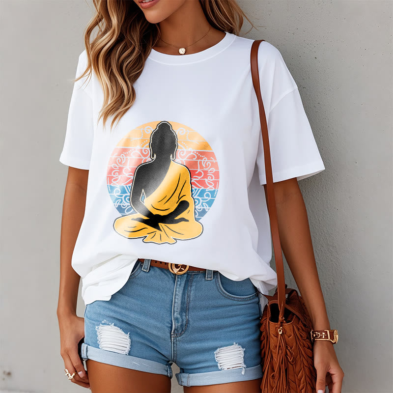 Buddha Stones Lässiges, buntes, meditierendes Buddha-Muster, Baumwoll-T-Shirt - image 8