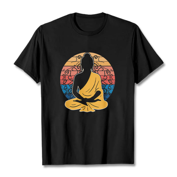 Buddha Stones Lässiges, buntes, meditierendes Buddha-Muster, Baumwoll-T-Shirt - Schwarz - 2XL - image 1