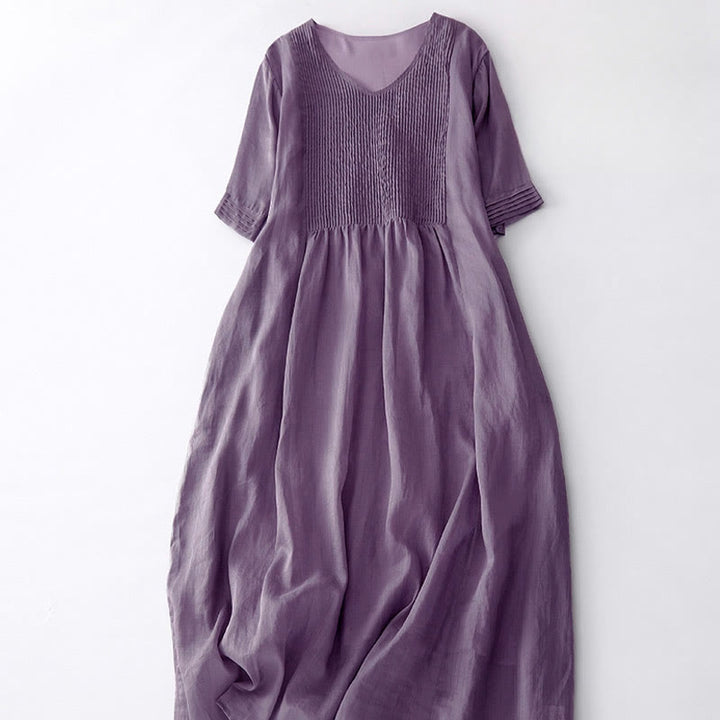 Buddha Stones – Lässiges, schlichtes Midikleid aus Baumwolle mit Akkordeonfalten, V-Ausschnitt, kurzen Ärmeln und Taschen - image 4