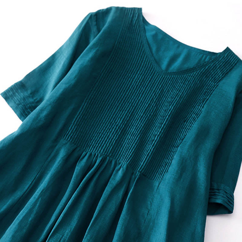 Buddha Stones – Lässiges, schlichtes Midikleid aus Baumwolle mit Akkordeonfalten, V-Ausschnitt, kurzen Ärmeln und Taschen - image 41