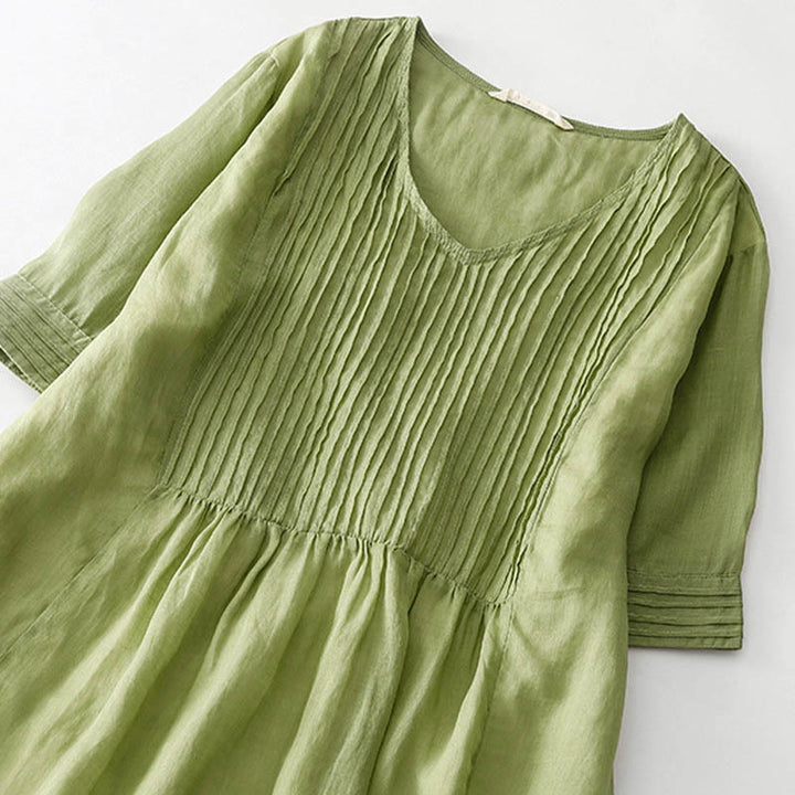 Buddha Stones – Lässiges, schlichtes Midikleid aus Baumwolle mit Akkordeonfalten, V-Ausschnitt, kurzen Ärmeln und Taschen - image 17