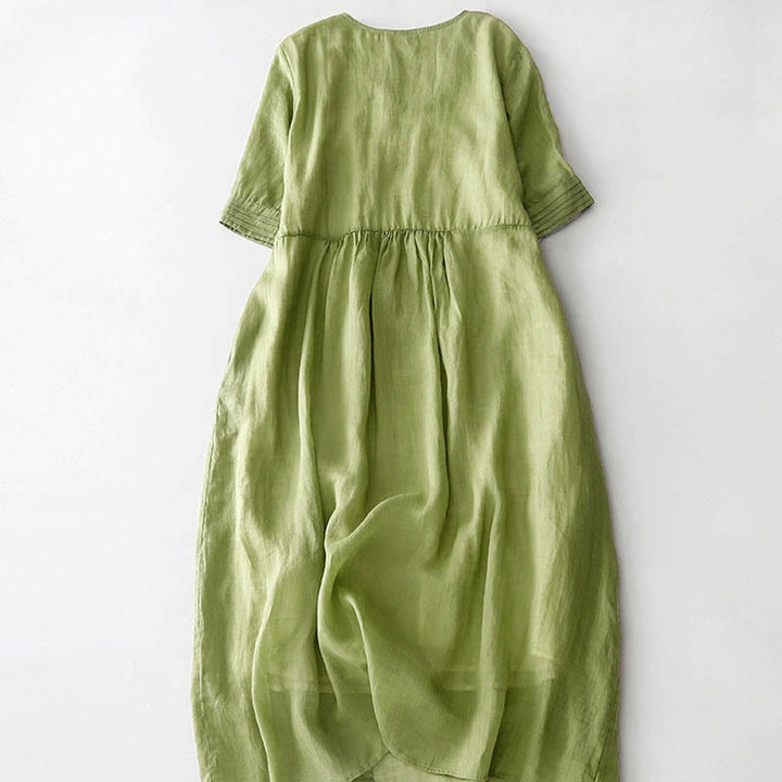 Buddha Stones – Lässiges, schlichtes Midikleid aus Baumwolle mit Akkordeonfalten, V-Ausschnitt, kurzen Ärmeln und Taschen - image 13