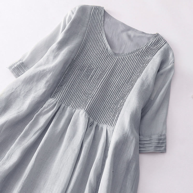 Buddha Stones – Lässiges, schlichtes Midikleid aus Baumwolle mit Akkordeonfalten, V-Ausschnitt, kurzen Ärmeln und Taschen - image 23