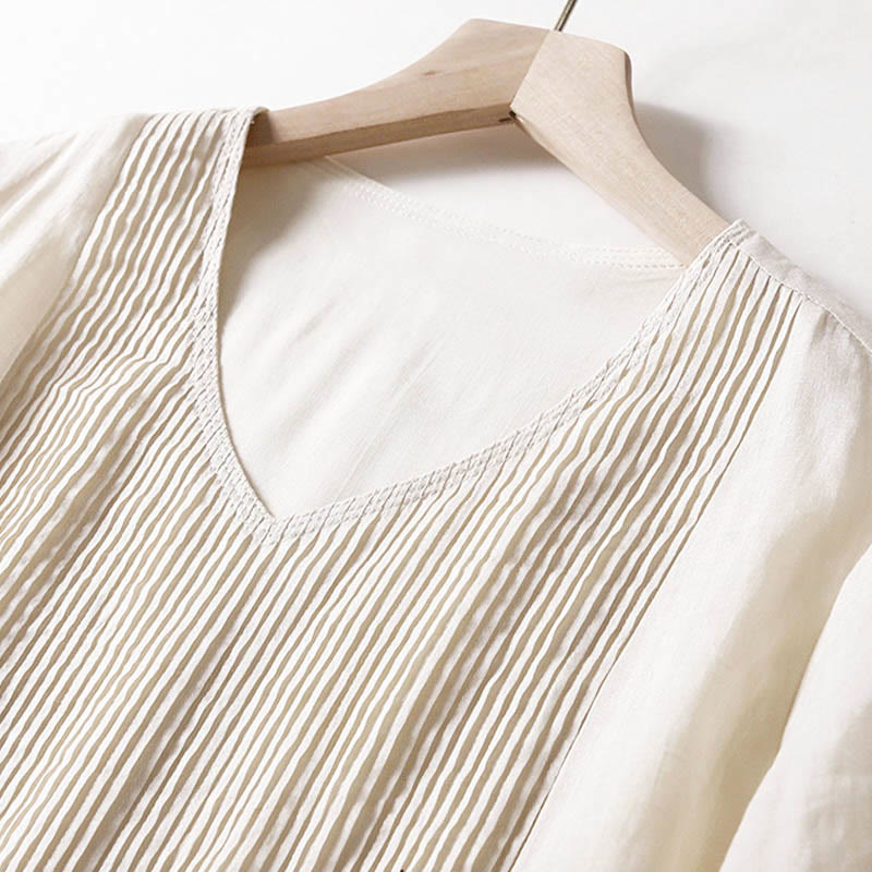 Buddha Stones – Lässiges, schlichtes Midikleid aus Baumwolle mit Akkordeonfalten, V-Ausschnitt, kurzen Ärmeln und Taschen - image 35