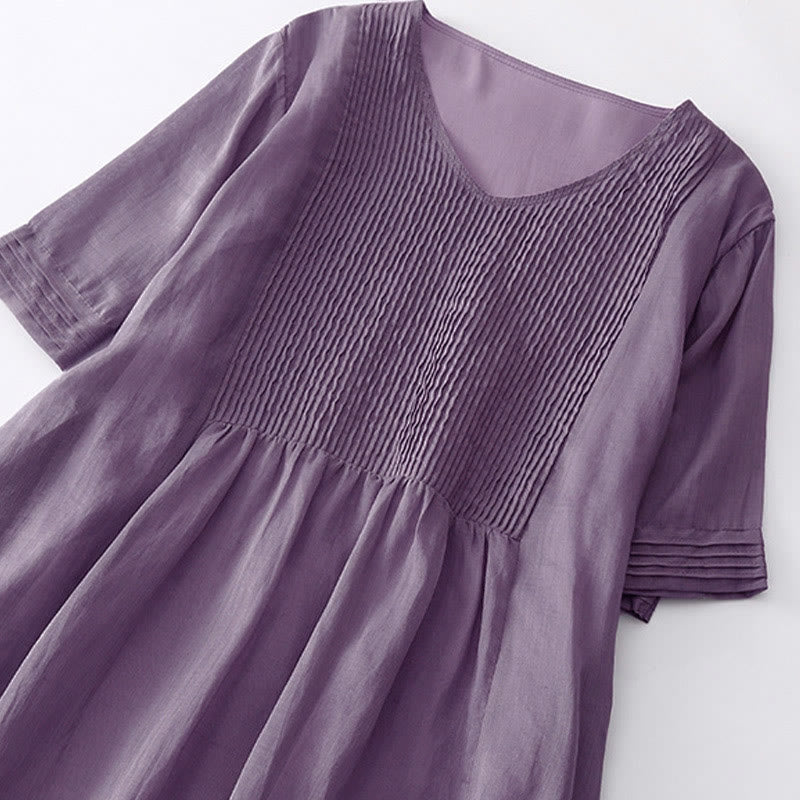 Buddha Stones – Lässiges, schlichtes Midikleid aus Baumwolle mit Akkordeonfalten, V-Ausschnitt, kurzen Ärmeln und Taschen - image 3