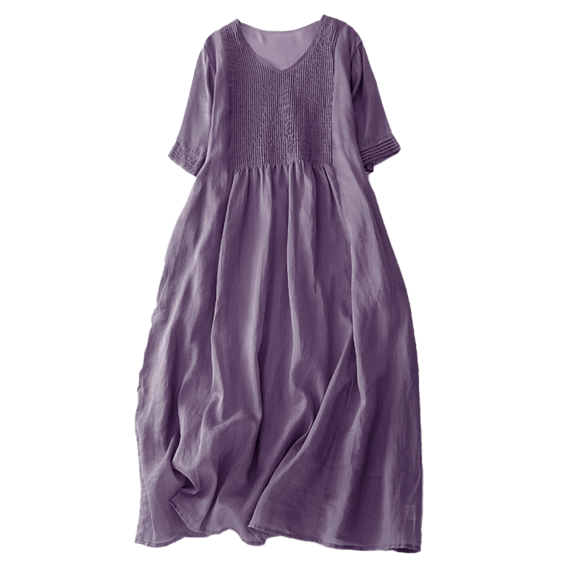 Buddha Stones – Lässiges, schlichtes Midikleid aus Baumwolle mit Akkordeonfalten, V-Ausschnitt, kurzen Ärmeln und Taschen - image 6