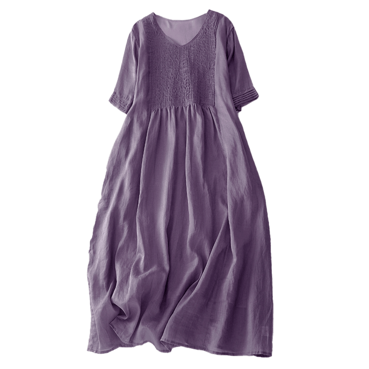 Buddha Stones – Lässiges, schlichtes Midikleid aus Baumwolle mit Akkordeonfalten, V-Ausschnitt, kurzen Ärmeln und Taschen - image 6