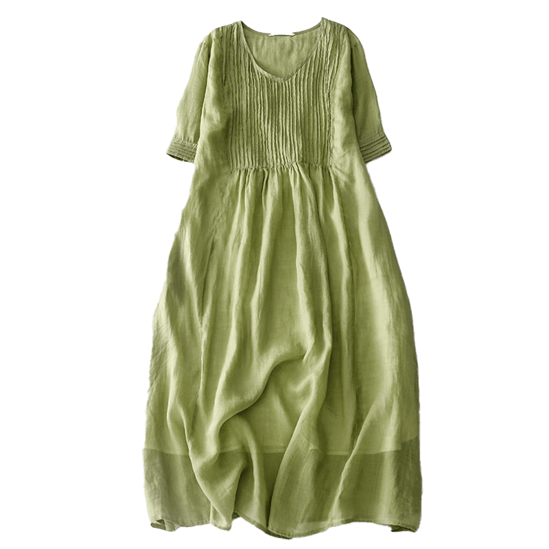 Buddha Stones – Lässiges, schlichtes Midikleid aus Baumwolle mit Akkordeonfalten, V-Ausschnitt, kurzen Ärmeln und Taschen - image 14