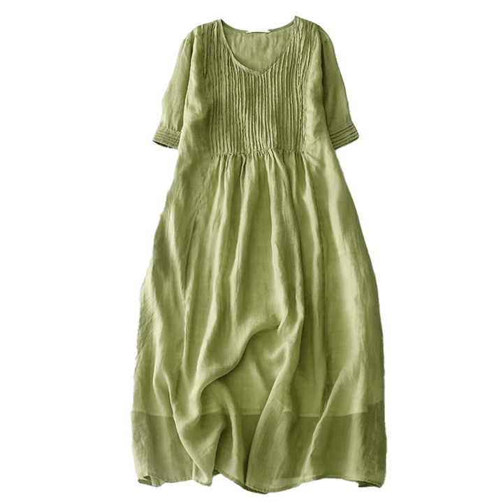 Buddha Stones – Lässiges, schlichtes Midikleid aus Baumwolle mit Akkordeonfalten, V-Ausschnitt, kurzen Ärmeln und Taschen - image 14