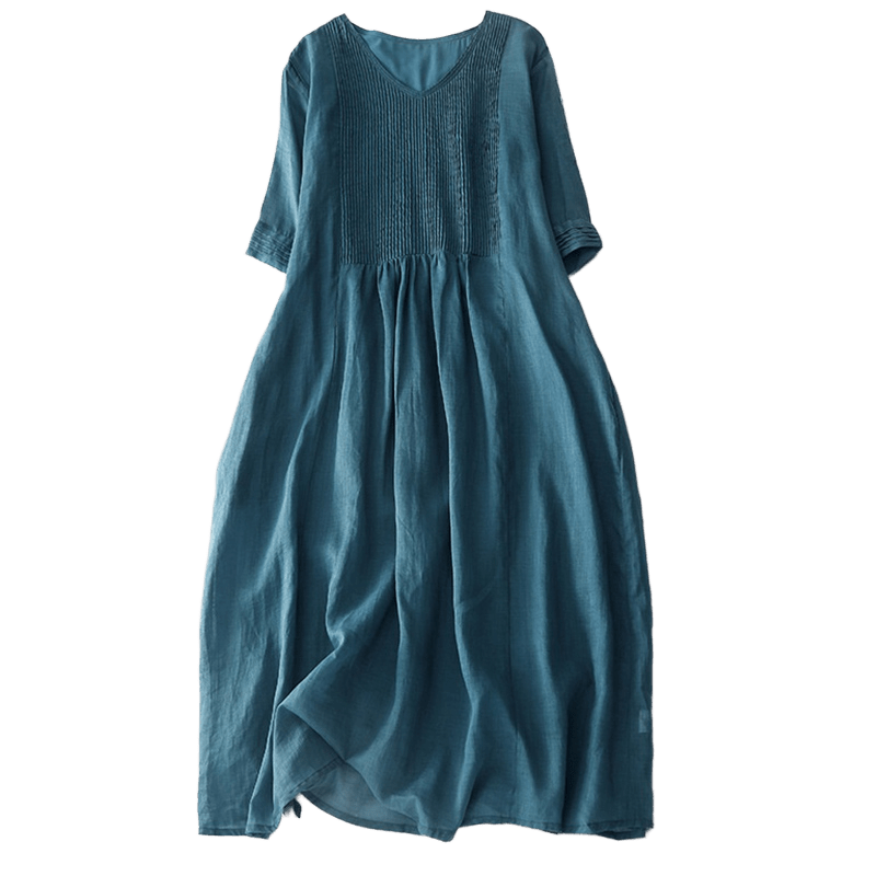 Buddha Stones – Lässiges, schlichtes Midikleid aus Baumwolle mit Akkordeonfalten, V-Ausschnitt, kurzen Ärmeln und Taschen - image 38