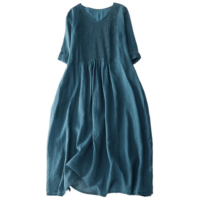 Buddha Stones – Lässiges, schlichtes Midikleid aus Baumwolle mit Akkordeonfalten, V-Ausschnitt, kurzen Ärmeln und Taschen - image 38