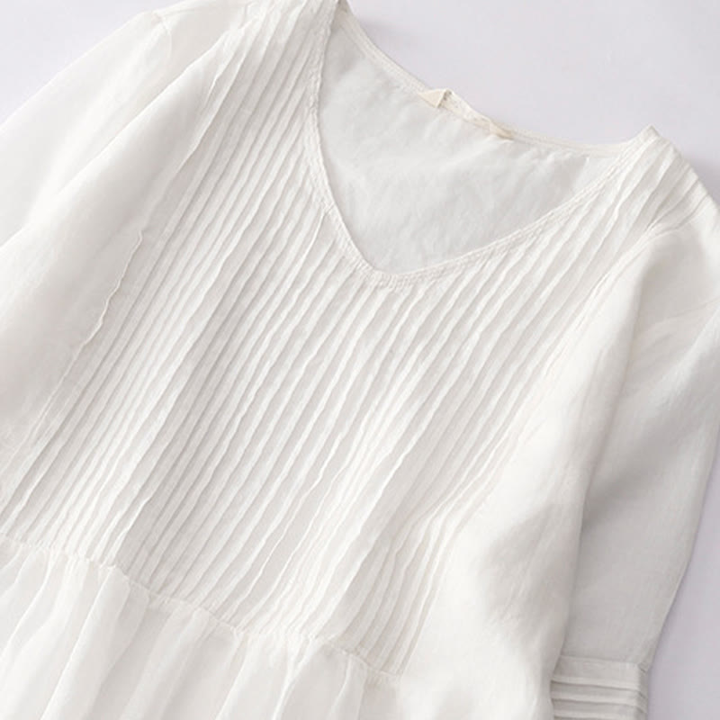 Buddha Stones – Lässiges, schlichtes Midikleid aus Baumwolle mit Akkordeonfalten, V-Ausschnitt, kurzen Ärmeln und Taschen - image 47