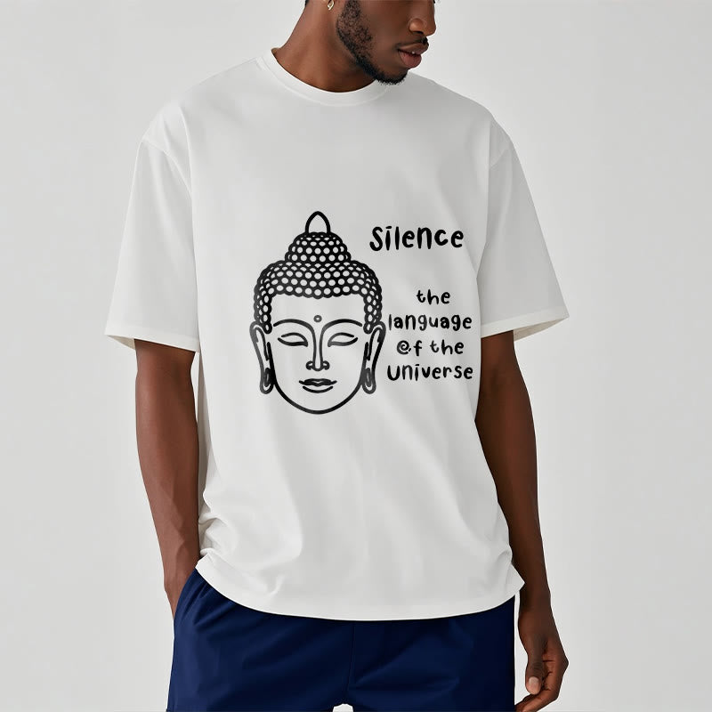 Buddha Stones Lässiges Baumwoll-T-Shirt mit meditierendem Buddha-Kopf-Muster - image 7