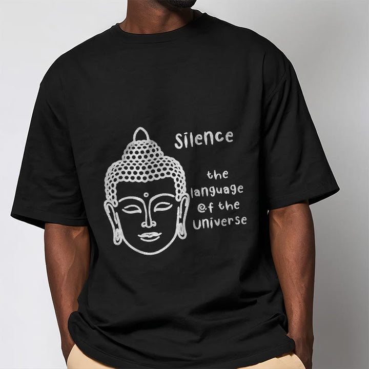 Buddha Stones Lässiges Baumwoll-T-Shirt mit meditierendem Buddha-Kopf-Muster - image 2