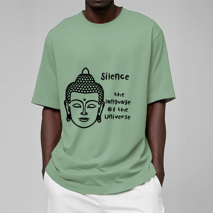 Buddha Stones Lässiges Baumwoll-T-Shirt mit meditierendem Buddha-Kopf-Muster - image 16