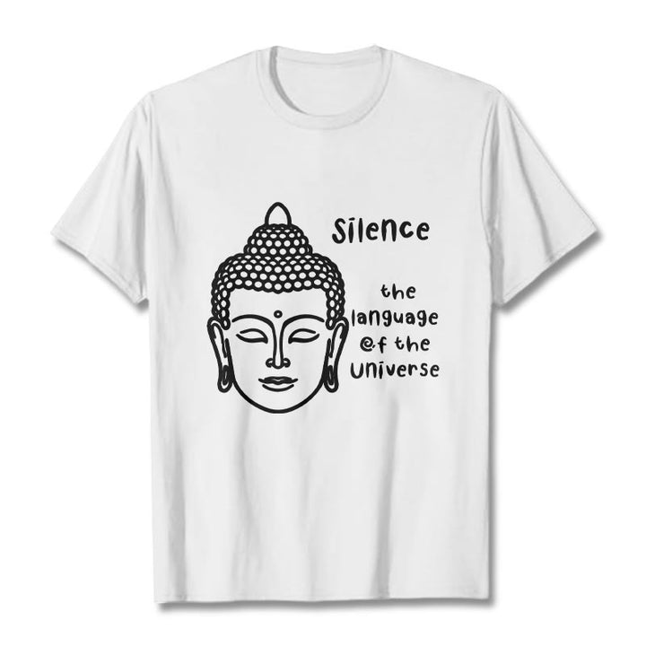 Buddha Stones Lässiges Baumwoll-T-Shirt mit meditierendem Buddha-Kopf-Muster - Weiß - 2XL - image 6