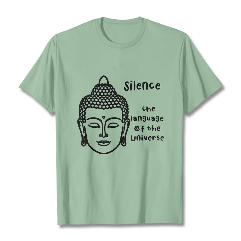 Buddha Stones Lässiges Baumwoll-T-Shirt mit meditierendem Buddha-Kopf-Muster - Blassgrün - 2XL - image 15