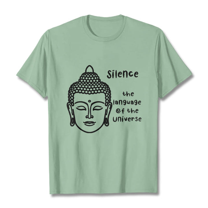 Buddha Stones Lässiges Baumwoll-T-Shirt mit meditierendem Buddha-Kopf-Muster - Blassgrün - 2XL - image 15