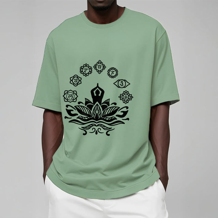 Buddha Stones Lässige meditierende Figur Lotusblume Sieben Chakren Muster Baumwoll-T-Shirt - image 16