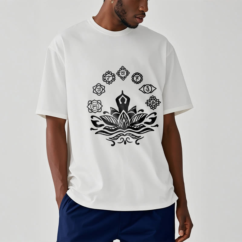 Buddha Stones Lässige meditierende Figur Lotusblume Sieben Chakren Muster Baumwoll-T-Shirt - image 9