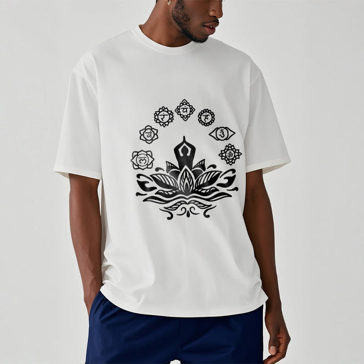 Buddha Stones Lässige meditierende Figur Lotusblume Sieben Chakren Muster Baumwoll-T-Shirt - image 9