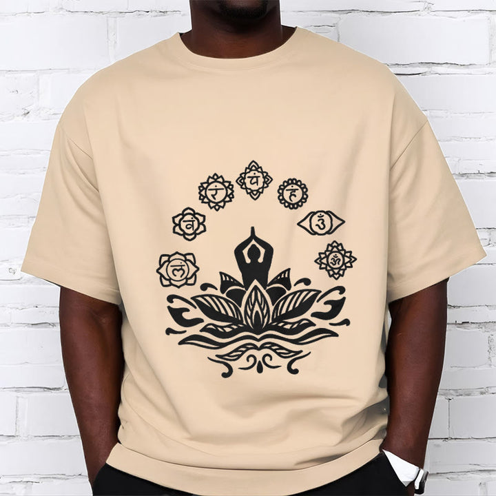 Buddha Stones Lässige meditierende Figur Lotusblume Sieben Chakren Muster Baumwoll-T-Shirt - image 12