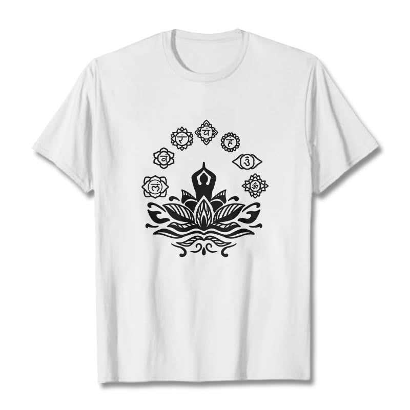 Buddha Stones Lässige meditierende Figur Lotusblume Sieben Chakren Muster Baumwoll-T-Shirt - Weiß - 2XL - image 8