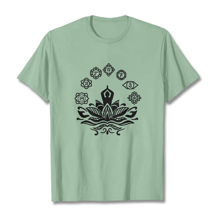 Buddha Stones Lässige meditierende Figur Lotusblume Sieben Chakren Muster Baumwoll-T-Shirt - Blassgrün - 2XL - image 15