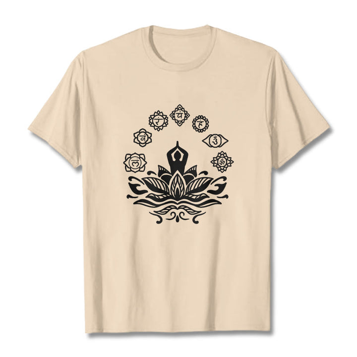 Buddha Stones Lässige meditierende Figur Lotusblume Sieben Chakren Muster Baumwoll-T-Shirt - Bisque - 2XL - image 11