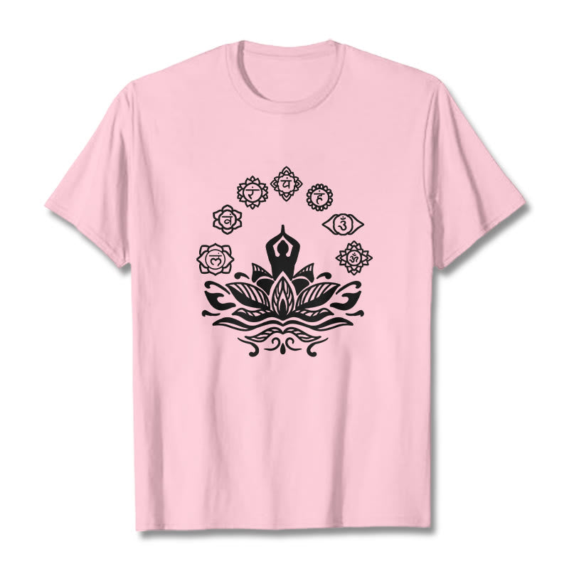 Buddha Stones Lässige meditierende Figur Lotusblume Sieben Chakren Muster Baumwoll-T-Shirt - Hellrosa - 2XL - image 13